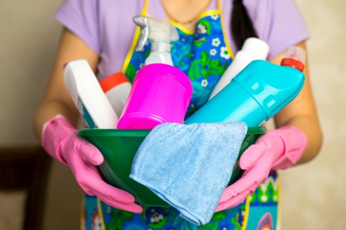 Professional cleaner vacuuming carpets in a rental property