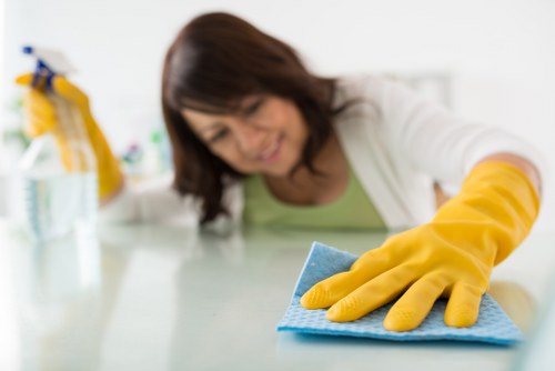 End of tenancy cleaners using protective equipment during a property clean