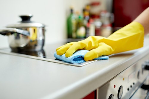 Tenancy cleaners applying thorough cleaning methods in a kitchen area